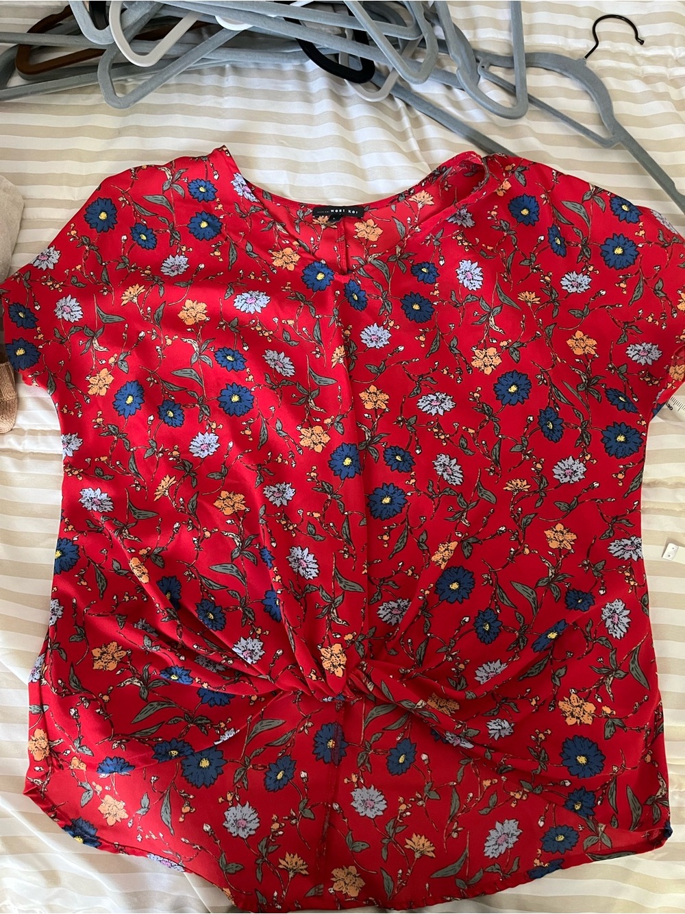 West Kei Red Floral Twist-Front Blouse